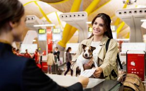 Foto de una chica facturando con su perro en un mostrador de Iberia antes de viajar