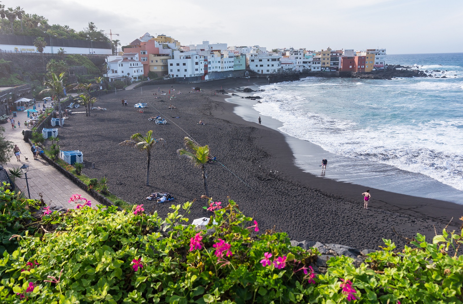 Foto de Puerto de la Cruz donde se puede ver la playa de arena negra y las casas al fondo